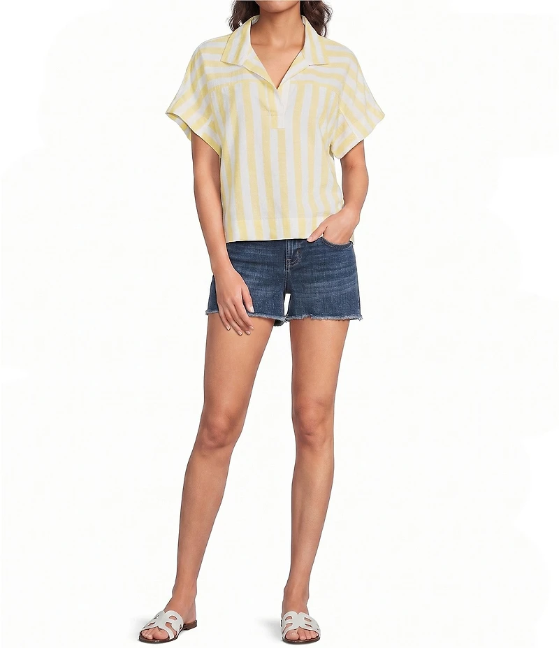 City Blues Cotton-Blend Spliced Stripe Collared Short Dolman Sleeve Top