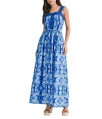 City Blues Cotton-Blend Tile Mosaic Print Crochet Square Neck Sleeveless A-Line Maxi Dress