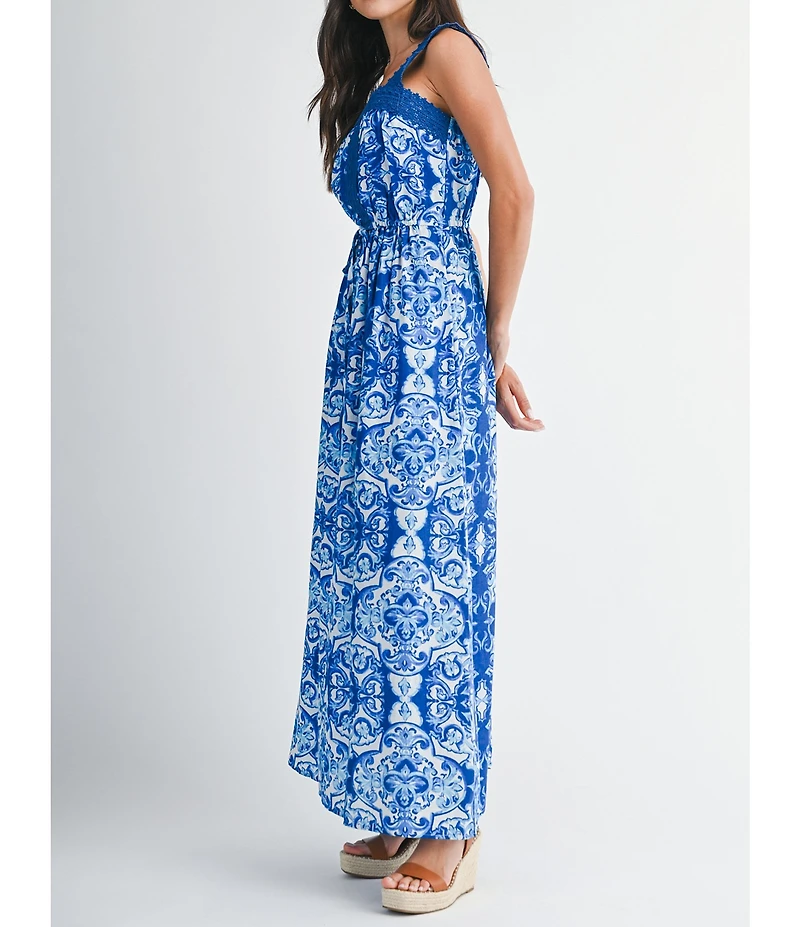 City Blues Cotton-Blend Tile Mosaic Print Crochet Square Neck Sleeveless A-Line Maxi Dress