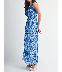 City Blues Cotton-Blend Tile Mosaic Print Crochet Square Neck Sleeveless A-Line Maxi Dress