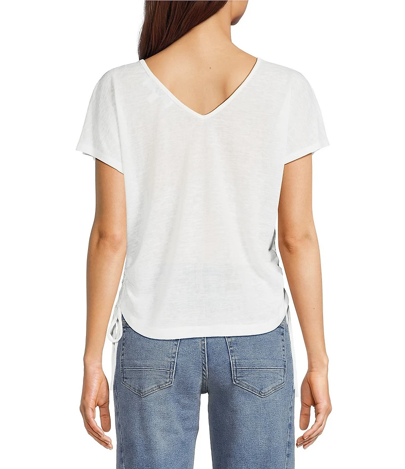 City Blues Crew Neck Short Sleeve Ruched Side Tie Knit Top