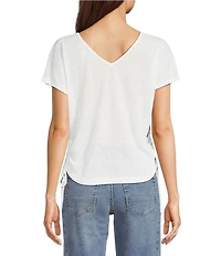 City Blues Crew Neck Short Sleeve Ruched Side Tie Knit Top