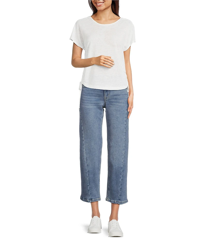 City Blues Crew Neck Short Sleeve Ruched Side Tie Knit Top