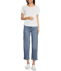 City Blues Crew Neck Short Sleeve Ruched Side Tie Knit Top