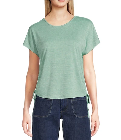 City Blues Crew Neck Short Sleeve Ruched Side Tie Knit Top