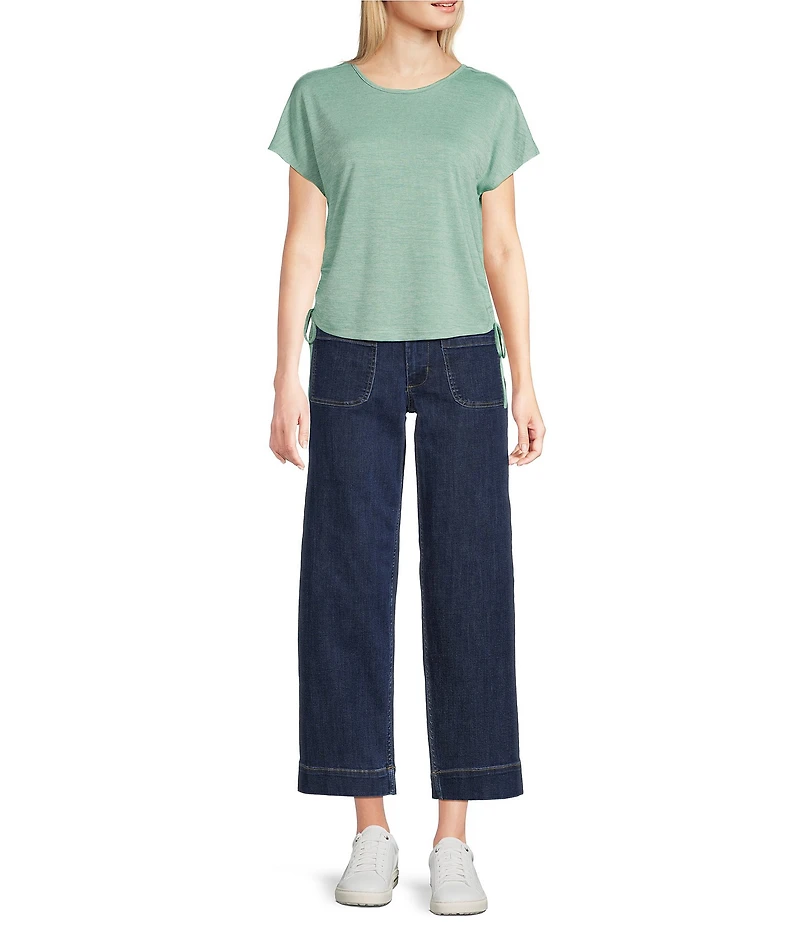 City Blues Crew Neck Short Sleeve Ruched Side Tie Knit Top