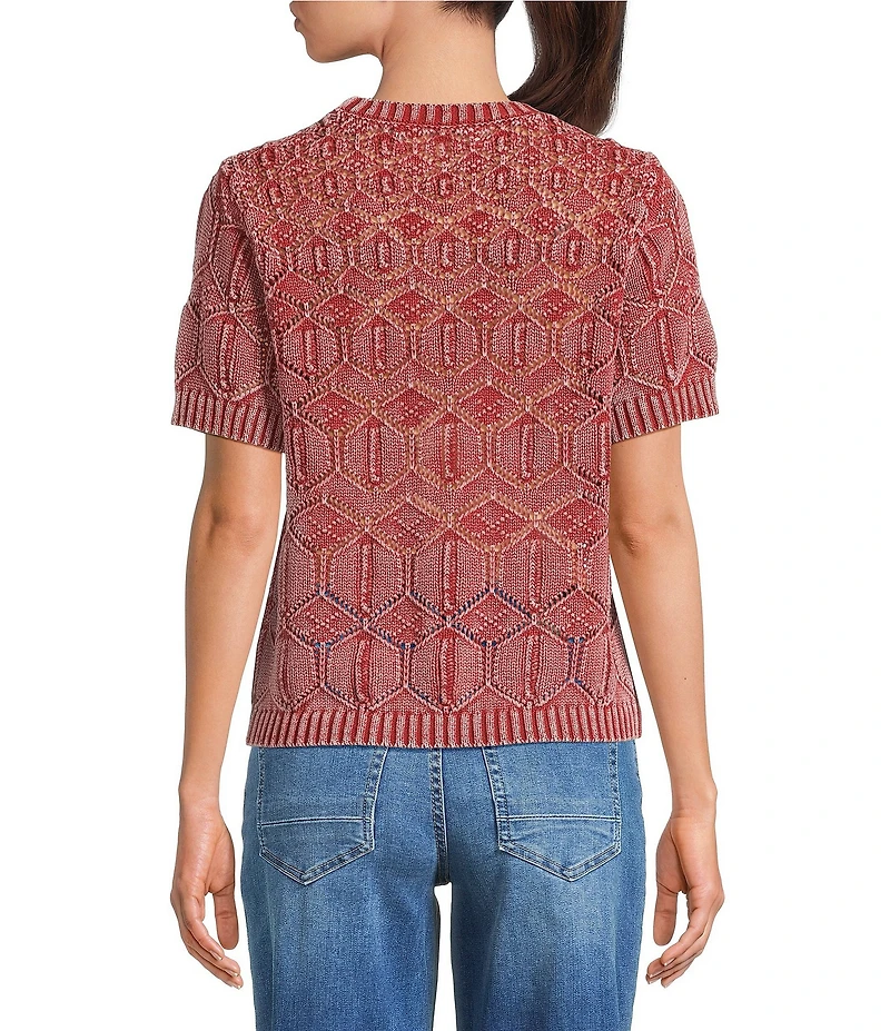 City Blues Crochet Distressed Acid Wash Crew Neck Short Sleeve Sweater
