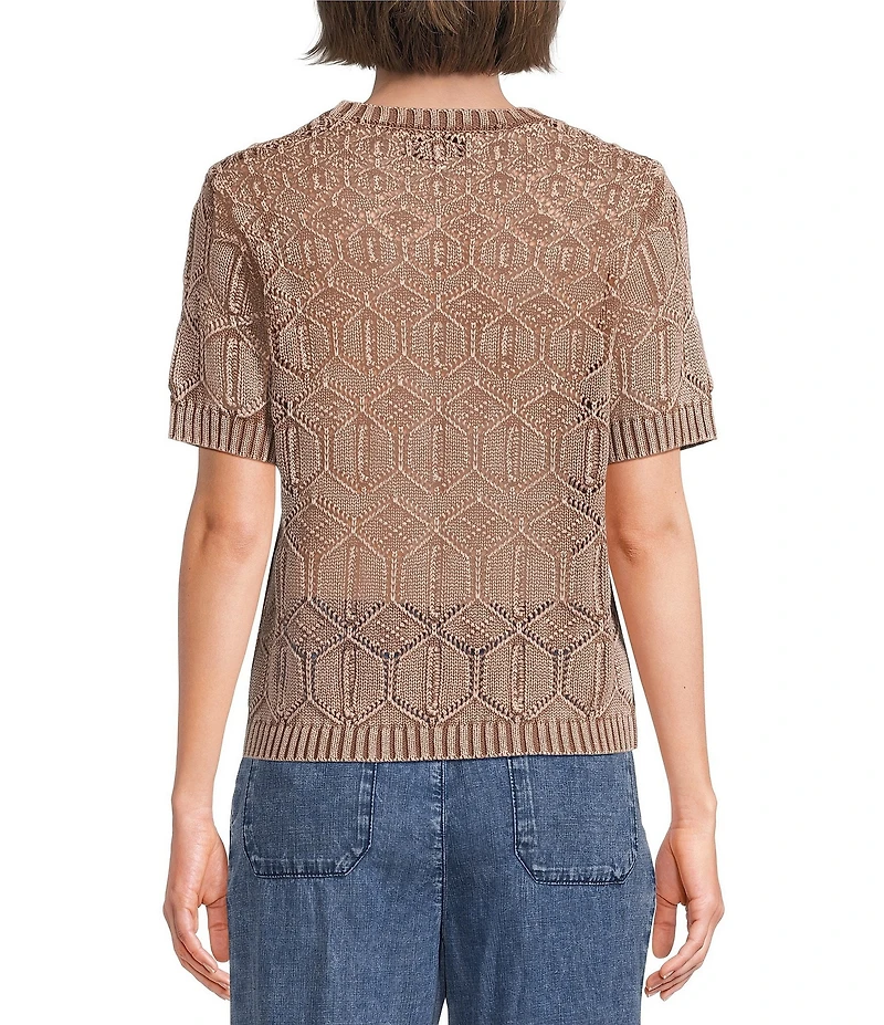 City Blues Crochet Distressed Acid Wash Crew Neck Short Sleeve Sweater