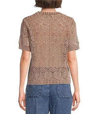 City Blues Crochet Distressed Acid Wash Crew Neck Short Sleeve Sweater