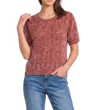 City Blues Crochet Distressed Acid Wash Crew Neck Short Sleeve Sweater