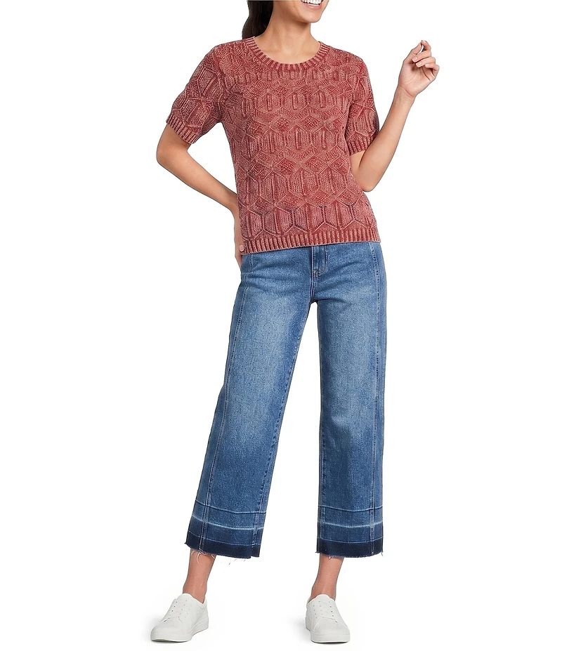 City Blues Crochet Distressed Acid Wash Crew Neck Short Sleeve Sweater