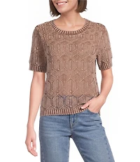 City Blues Crochet Distressed Acid Wash Crew Neck Short Sleeve Sweater