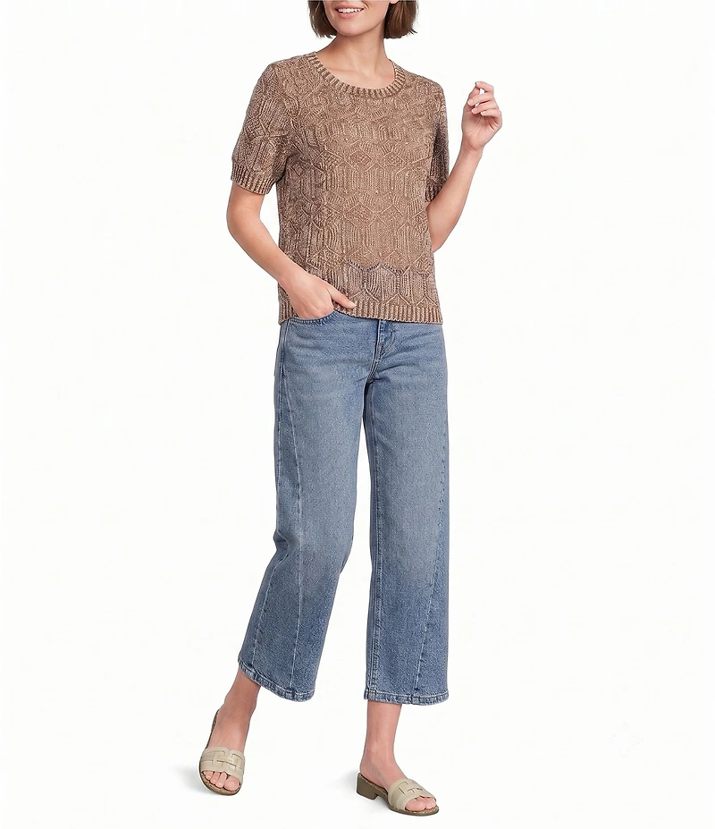 City Blues Crochet Distressed Acid Wash Crew Neck Short Sleeve Sweater