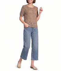 City Blues Crochet Distressed Acid Wash Crew Neck Short Sleeve Sweater