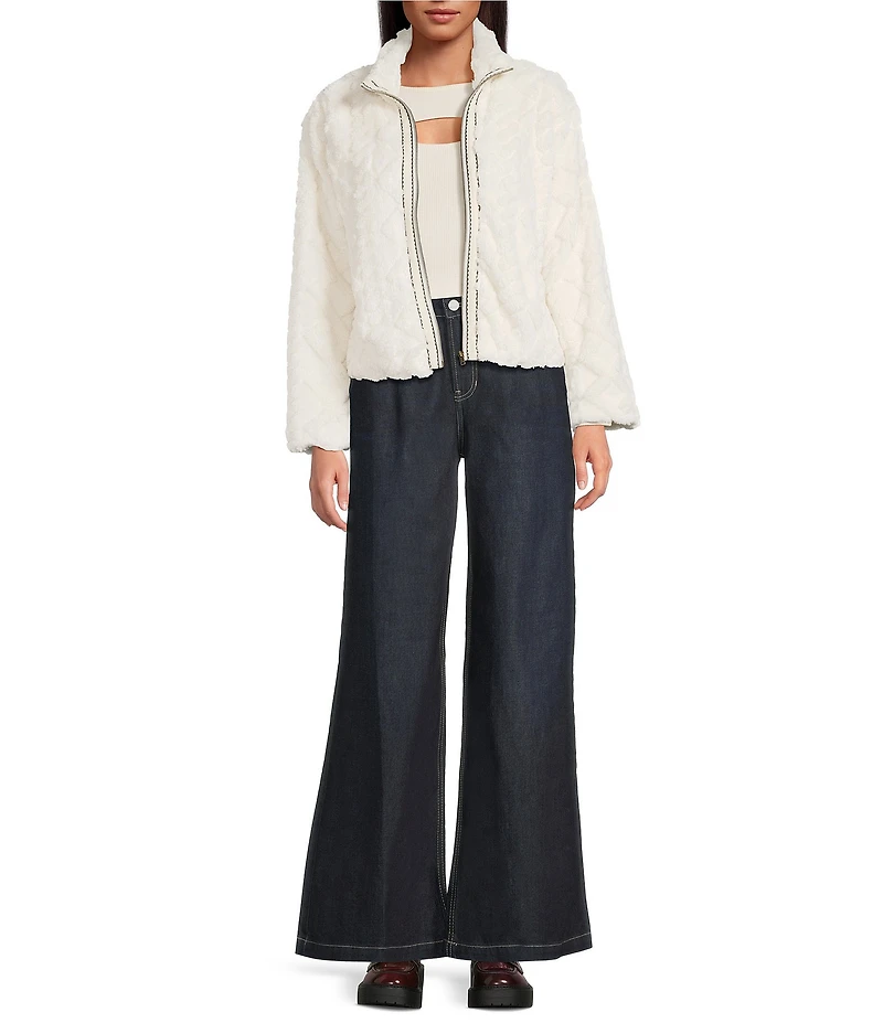 City Blues Faux Fur Stand Collar Long Sleeve Zip-Up Jacket