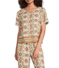 City Blues Floral Border Print Crew Neck Short Sleeve Top