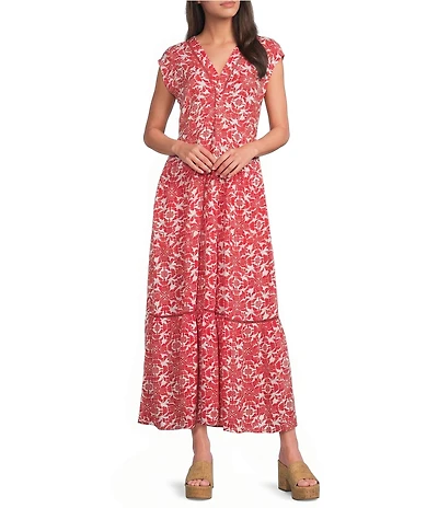 City Blues Floral Print Woven V-Neck Lattice Trim Detail Cap Sleeve Tiered Maxi Dress
