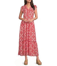City Blues Floral Print Woven V-Neck Lattice Trim Detail Cap Sleeve Tiered Maxi Dress