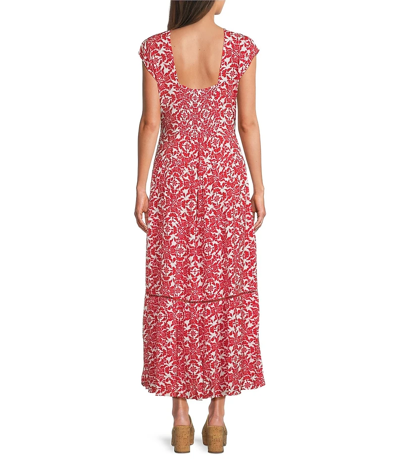 City Blues Floral Print Woven V-Neck Lattice Trim Detail Cap Sleeve Tiered Maxi Dress