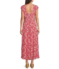 City Blues Floral Print Woven V-Neck Lattice Trim Detail Cap Sleeve Tiered Maxi Dress