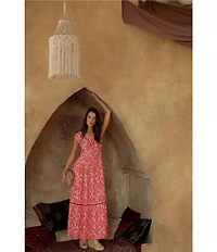 City Blues Floral Print Woven V-Neck Lattice Trim Detail Cap Sleeve Tiered Maxi Dress