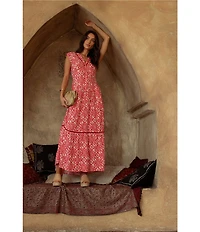 City Blues Floral Print Woven V-Neck Lattice Trim Detail Cap Sleeve Tiered Maxi Dress