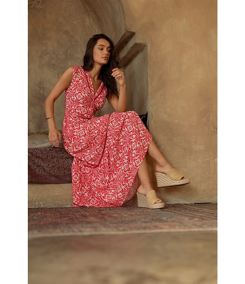 City Blues Floral Print Woven V-Neck Lattice Trim Detail Cap Sleeve Tiered Maxi Dress