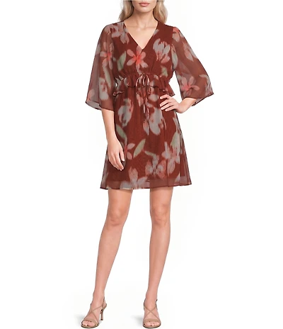 City Blues Floral V-Neck Short Sleeve A-Line Flutter Dress