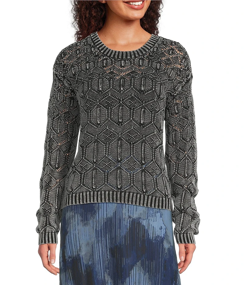 City Blues Geo Cable Distress Knit Crew Neck Long Sleeve Sweater