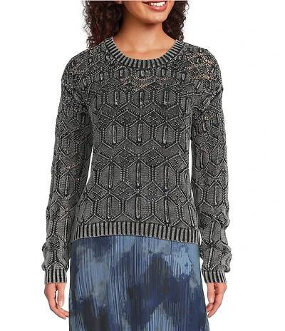 City Blues Geo Cable Distress Knit Crew Neck Long Sleeve Sweater
