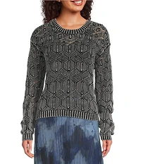 City Blues Geo Cable Distress Knit Crew Neck Long Sleeve Sweater