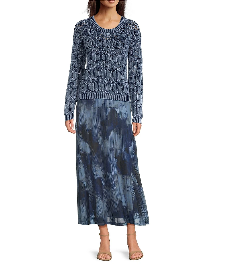 City Blues Geo Cable Distress Knit Crew Neck Long Sleeve Sweater