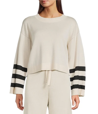 City Blues Knit Solid Striped Crew Neck Long Sleeve Cropped Coordinating Sweater Top