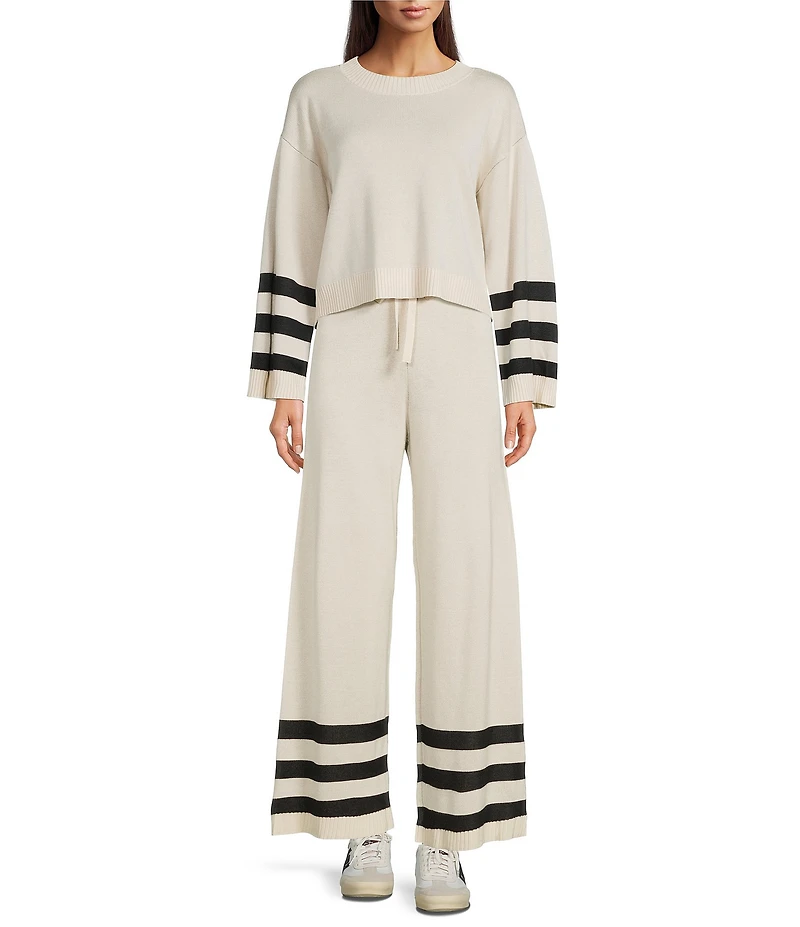 City Blues Knit Solid Striped Crew Neck Long Sleeve Cropped Coordinating Sweater Top