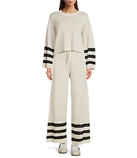 City Blues Knit Solid Striped Crew Neck Long Sleeve Cropped Coordinating Sweater Top