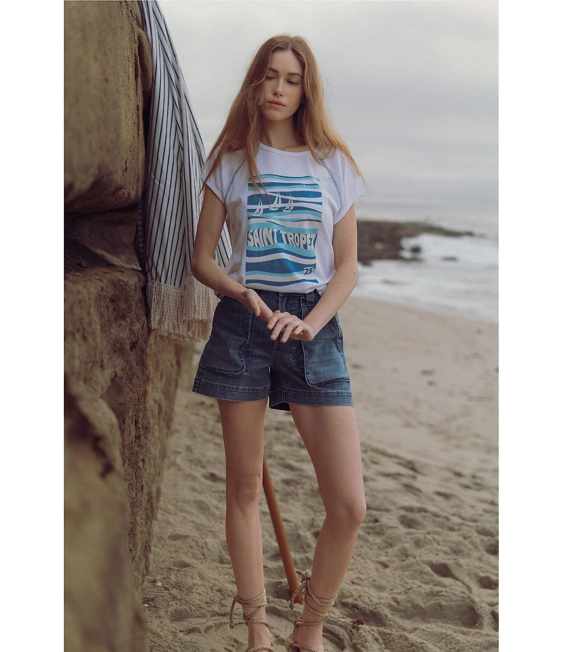 City Blues Ocean Saint Tropez Graphic Scoop Neck Short Raglan Sleeve Boxy Tee