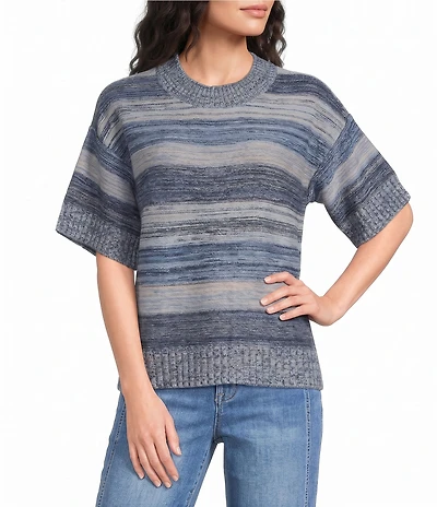 City Blues Petite Size Broome Melange Stripe Crew Neck Short Sleeve Sweater