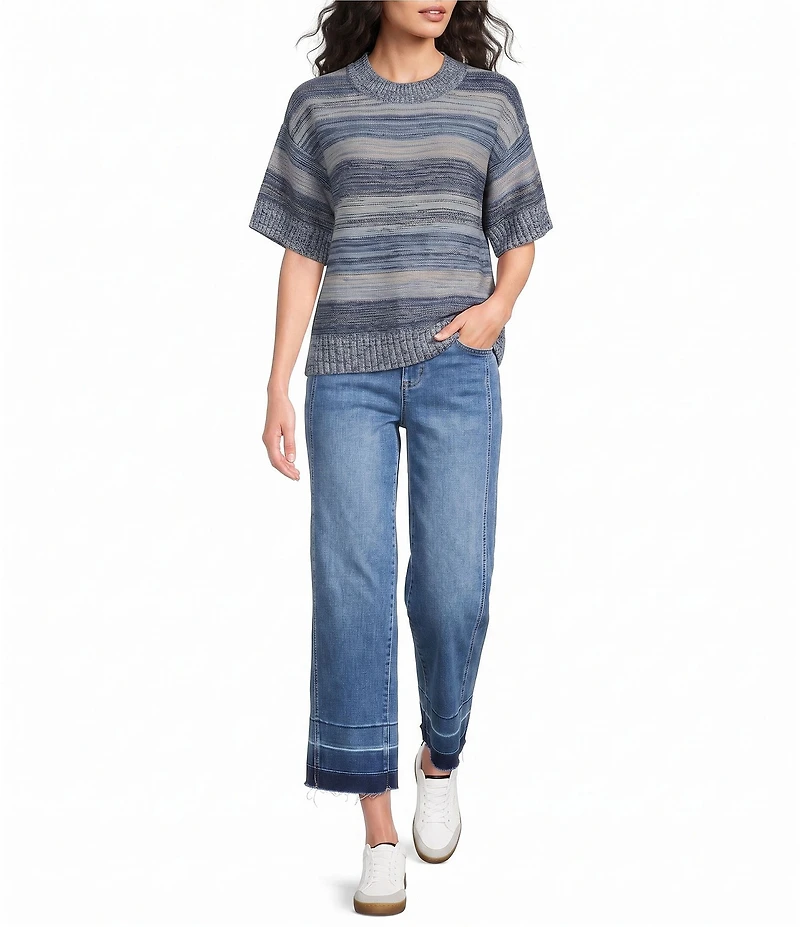 City Blues Petite Size Broome Melange Stripe Crew Neck Short Sleeve Sweater