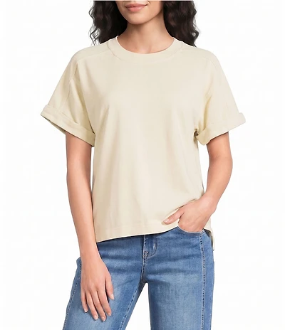 City Blues Petite Size Knit Crew Neck Short Cuffed Sleeve Boxy Top