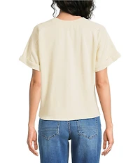 City Blues Petite Size Knit Crew Neck Short Cuffed Sleeve Boxy Top