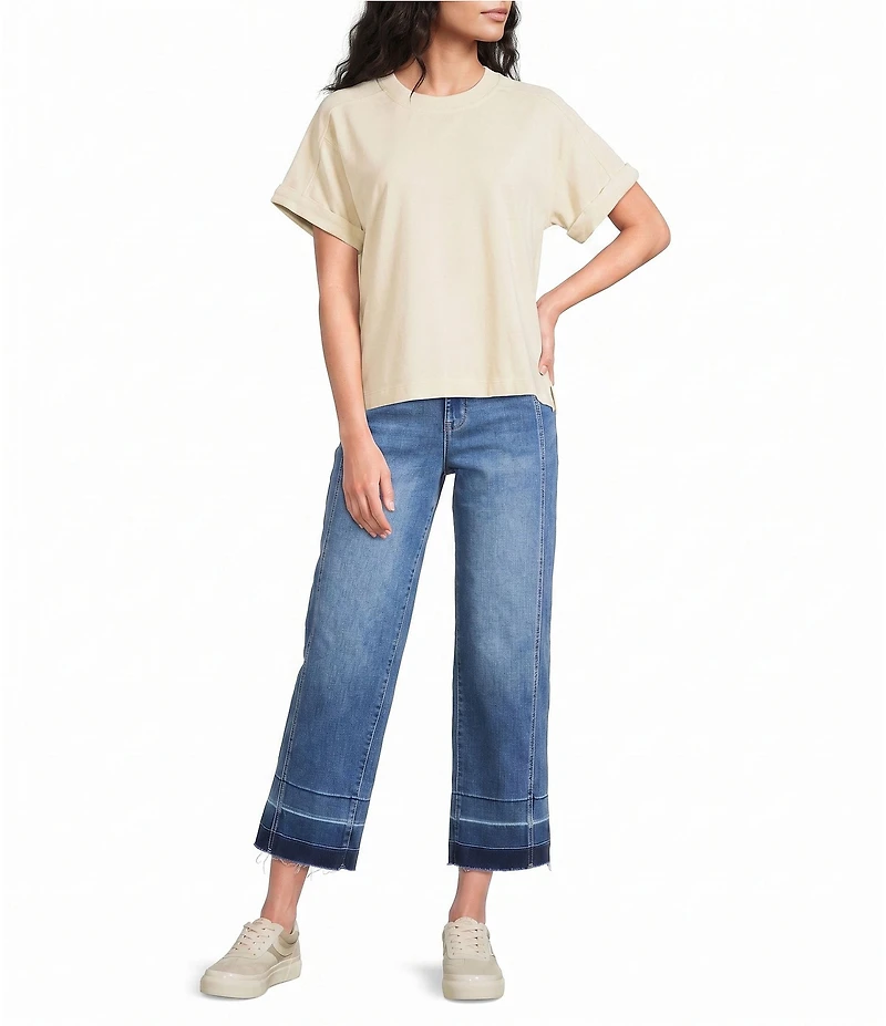City Blues Petite Size Knit Crew Neck Short Cuffed Sleeve Boxy Top