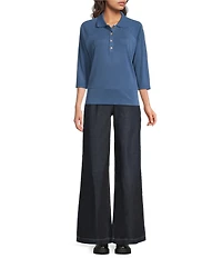 City Blues Point Collar 3/4 Dolman Sleeve Button-Up Polo Top
