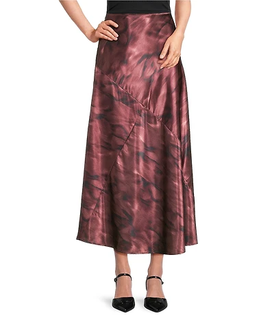 City Blues Savoy Bias Charmeuse Satin Brushstroke Print A-Line Pull-On Maxi Skirt