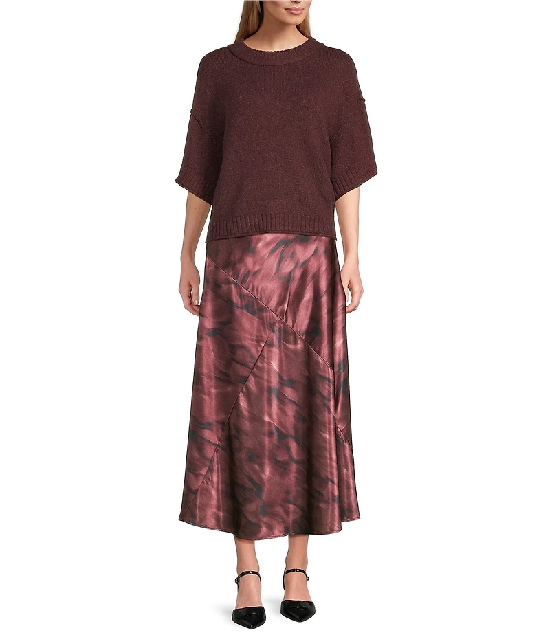 City Blues Savoy Bias Charmeuse Satin Brushstroke Print A-Line Pull-On Maxi Skirt