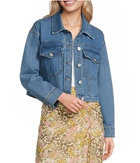 City Blues Spread Collar Long Sleeve Button-Front Cropped Denim Jacket