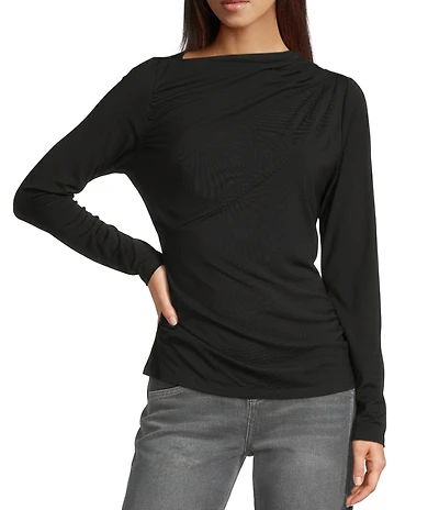 City Blues Stretch Modal Asymmetrical Neck Long Sleeve Ruched Top