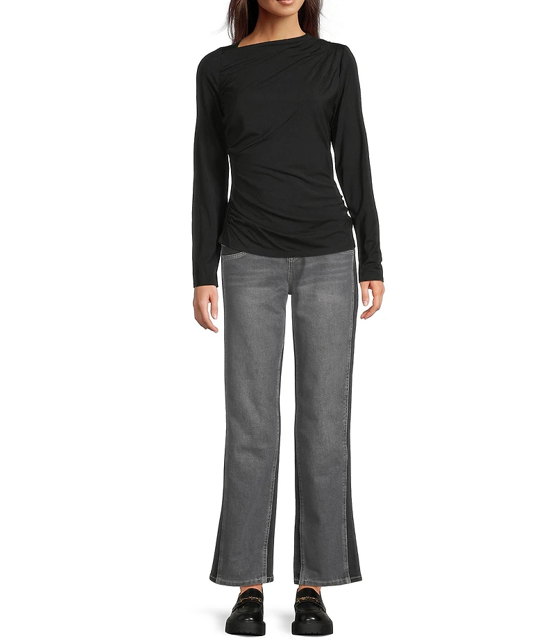 City Blues Stretch Modal Asymmetrical Neck Long Sleeve Ruched Top