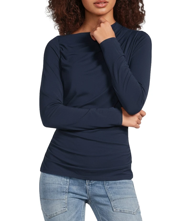 City Blues Stretch Modal Asymmetrical Neck Long Sleeve Ruched Top