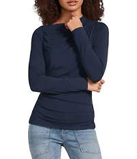 City Blues Stretch Modal Asymmetrical Neck Long Sleeve Ruched Top