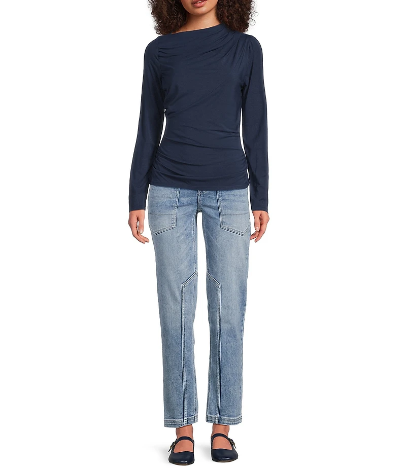 City Blues Stretch Modal Asymmetrical Neck Long Sleeve Ruched Top